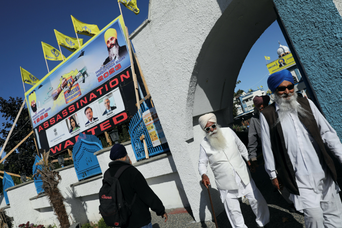 A sign outside the Guru Nanak Sikh Gurdwara temple is seen after the killing on its grounds in June, 2023, of Sikh leader Hardeep Singh Nijjar, in Surrey, British Columbia, Canada, on 18th September, 2023