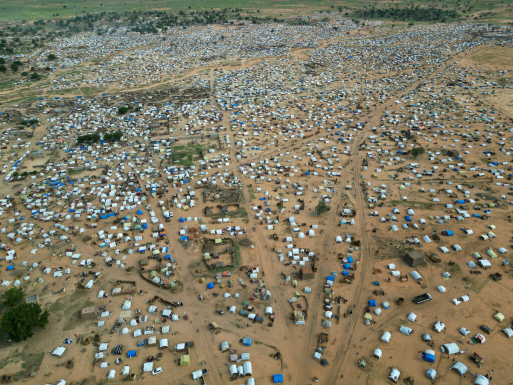 An aerial view of makeshift shelters of Sudanese, who fled the conflict in Sudan's Darfur region, in Adre, Chad on 20th July, 2023