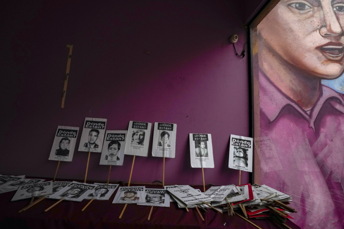 Protest posters showing images of those disappeared during the Augusto Pinochet military dictatorship are stored in a room of the human rights group, Association of Families of the Detained-Disappeared, in Santiago, Chile, on Friday, 18th August, 2023