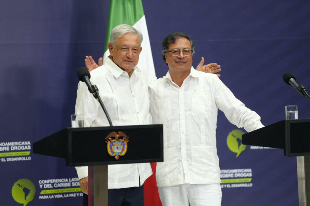President of Colombia Gustavo Petro and Mexico's President Andres Manuel Lopez Obrador, pose for a photo after their joint statement during the closing of the Latin American and Caribbean Conference on Drugs "For life, peace and development", during the visit of the Mexican president, in Cali, Colombia, on 9th September, 2023