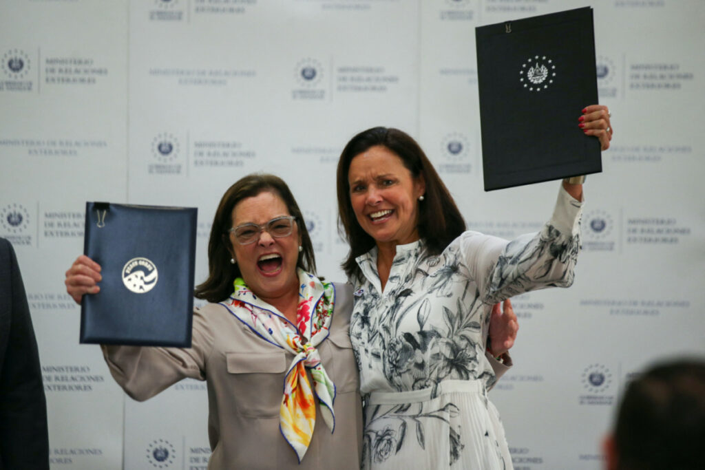 El Salvador's Foreign Minister Alexandra Hill Tinoco and Peace Corps Director Carol Spahn pose for a picture after the signing of an agreement to reopen Peace Corps programs in El Salvador, in San Salvador, El Salvador, on 7th September, 2023