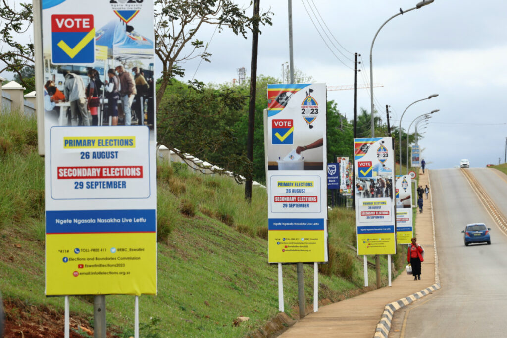 Election awareness posters are seen in a street ahead of Eswatini's parliamentary elections in Mbabane, Eswatini, on 28th September, 2023