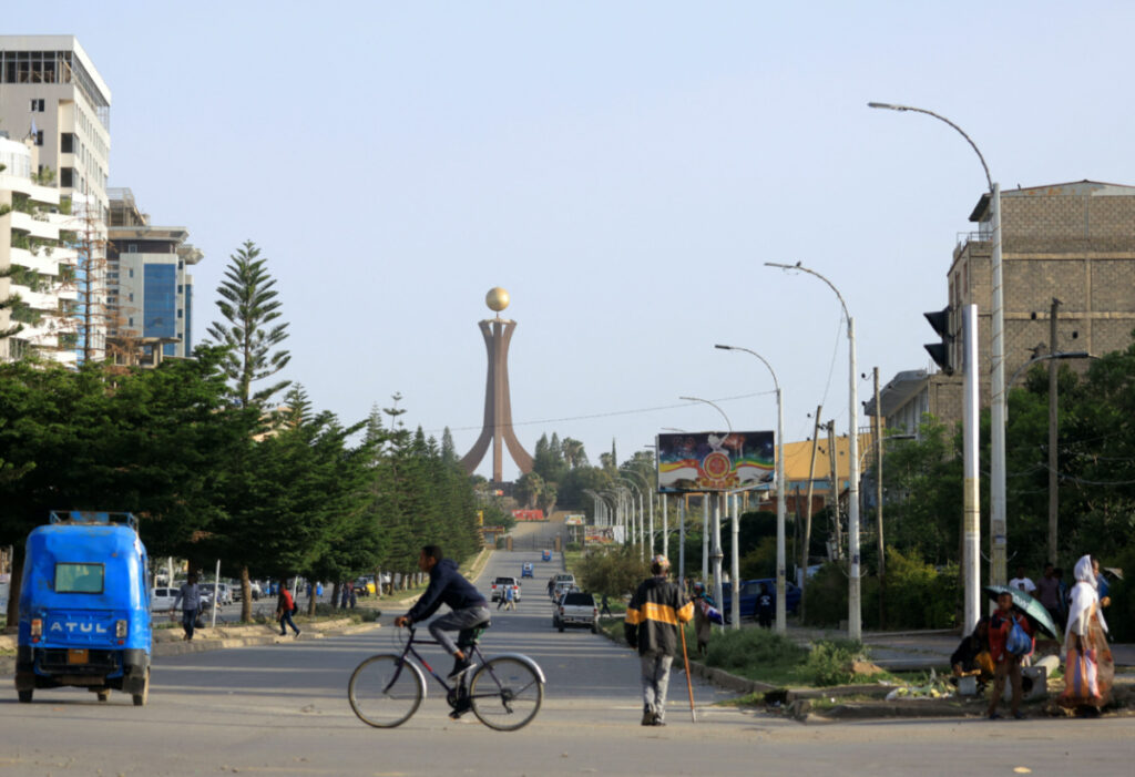 A general view shows motorists and a biker near the Tigray Martyrs monument in Mekele, Tigray Region, Ethiopia, on 22nd June, 2023.