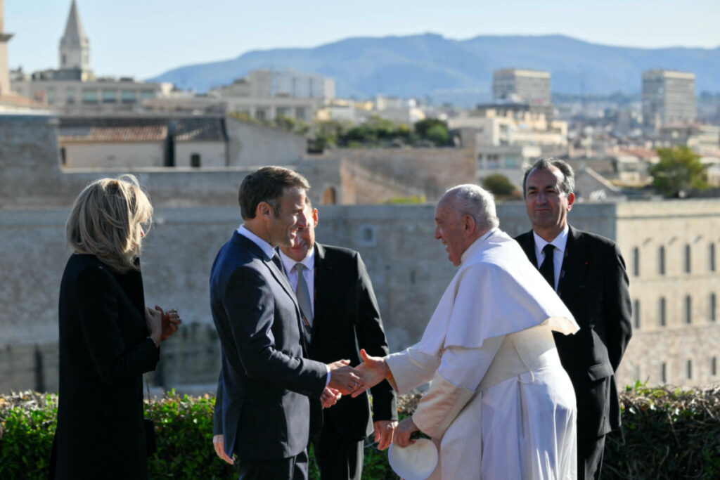 French President Emmanuel Macron and his wife Brigitte Macron meet with Pope Francis, on the occasion of the Mediterranean Meetings, in Marseille, France, on 23rd September, 2023