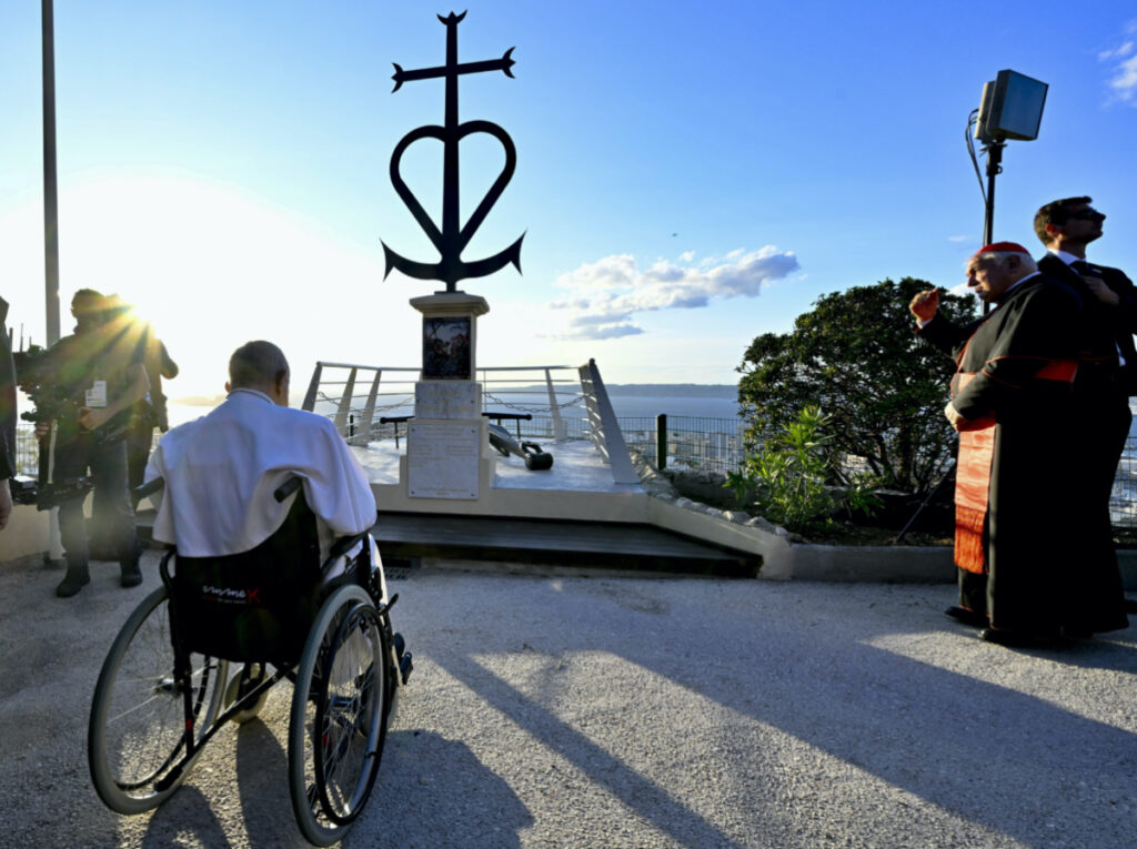 Pope Francis prays in front of the Memorial dedicated to sailors and migrants lost at sea during a moment of reflection with religious leaders, in Marseille, France, on Friday, 22nd September, 2023.