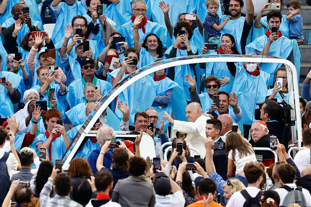 Pope Francis gestures, as he holds a mass at the Velodrome Stadium, as a part of his journey on the occasion of the Mediterranean Meetings in Marseille, France, on 23rd September, 2023.