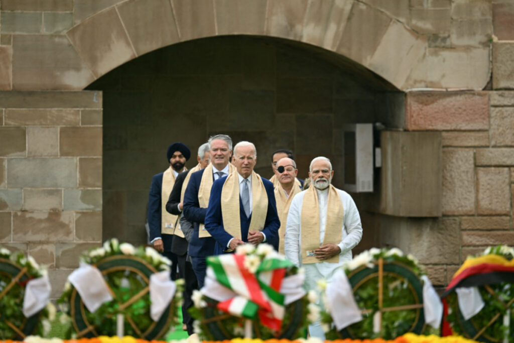 US President Joe Biden visits Raj Ghat memorial with Prime Minister of India Narendra Modi and other G20 leaders, on 10th September, 2023, in New Delhi