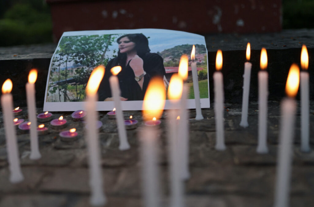 A photo of Mahsa Amini is pictured at a condolence meeting organised by students and activists from Delhi University in support of anti-regime protests in Iran following the death of Mahsa Amini, in New Delhi, India, on 26th September, 2022