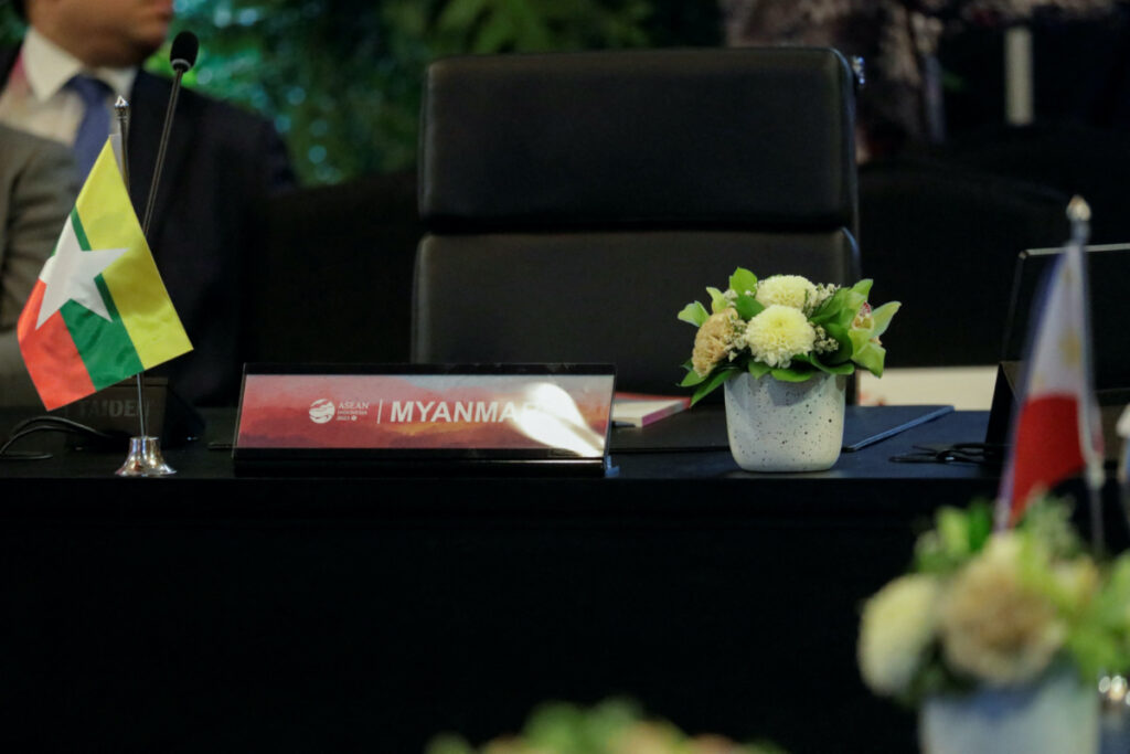The seat reserved for Myanmar is left empty during plenary season of the Association of Southeast Asian Nations Foreign Minister’s Meeting at Shangri-La Hotel in Jakarta, Indonesia, on 11th July, 2023