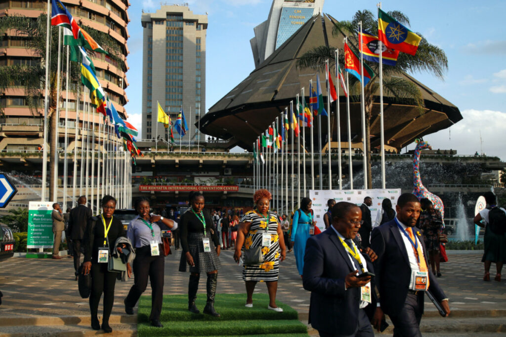 Delegates walk outside the Kenyatta International Convention Centre during the first day of Africa Climate Summit 2023 in Nairobi, Kenya, on 4th September, 2023