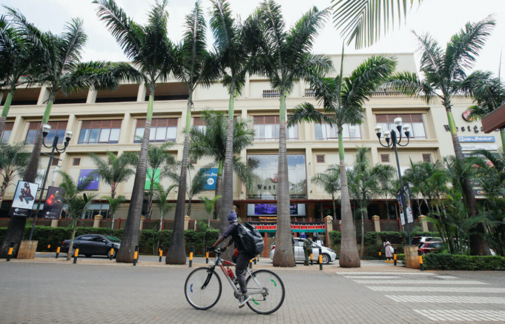 A man cycles outside the Westgate shopping mall, on the 10th commemoration since the Somali militant group al-Shabaab attacked the mall killing at least 67 people, in Nairobi, Kenya, on 21st September, 2023