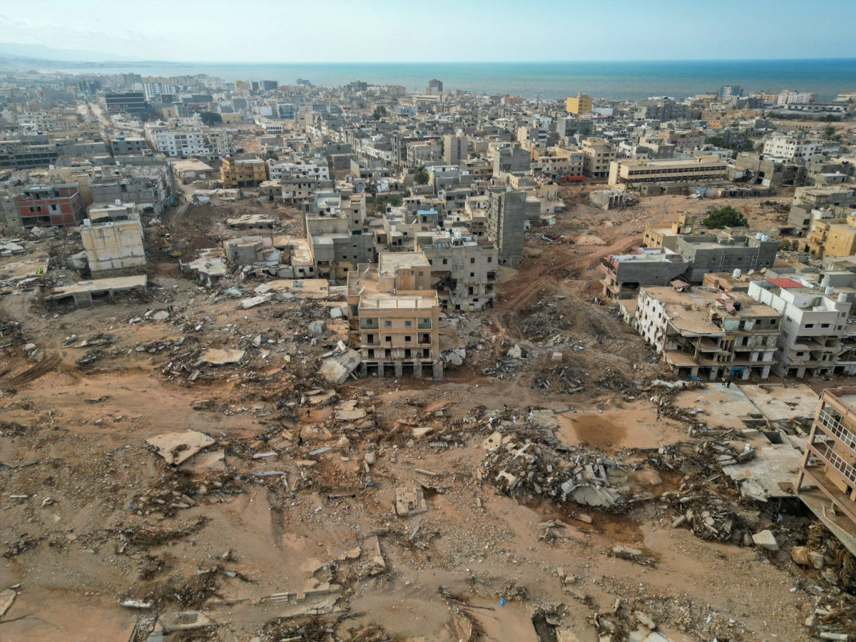 An aerial view that shows destroyed buildings and houses  in the aftermath of a deadly storm and flooding that hit Libya, in Derna, Libya, on 17th September, 2023.
