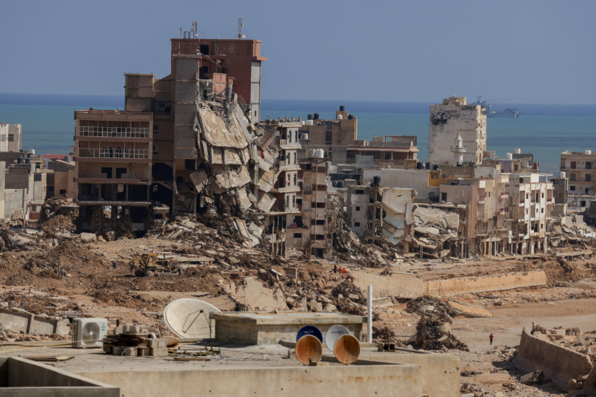 A view shows destroyed buildings in the aftermath of the the deadly storm that hit Libya, in Derna, Libya on 21st September, 2023.