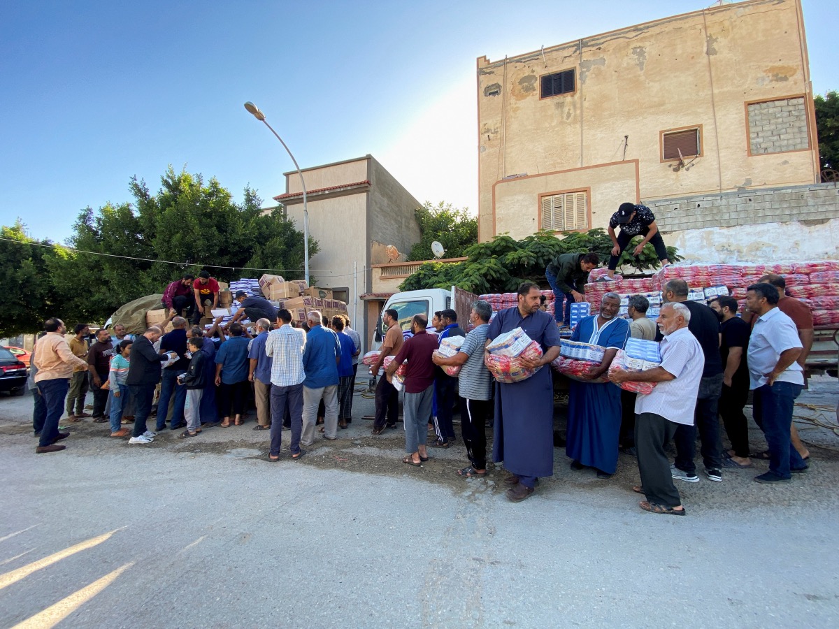 Displaced people receive food aid from private schools and parents from east of Libya, in the aftermath of the floods in Derna, Libya, on 15th September, 2023