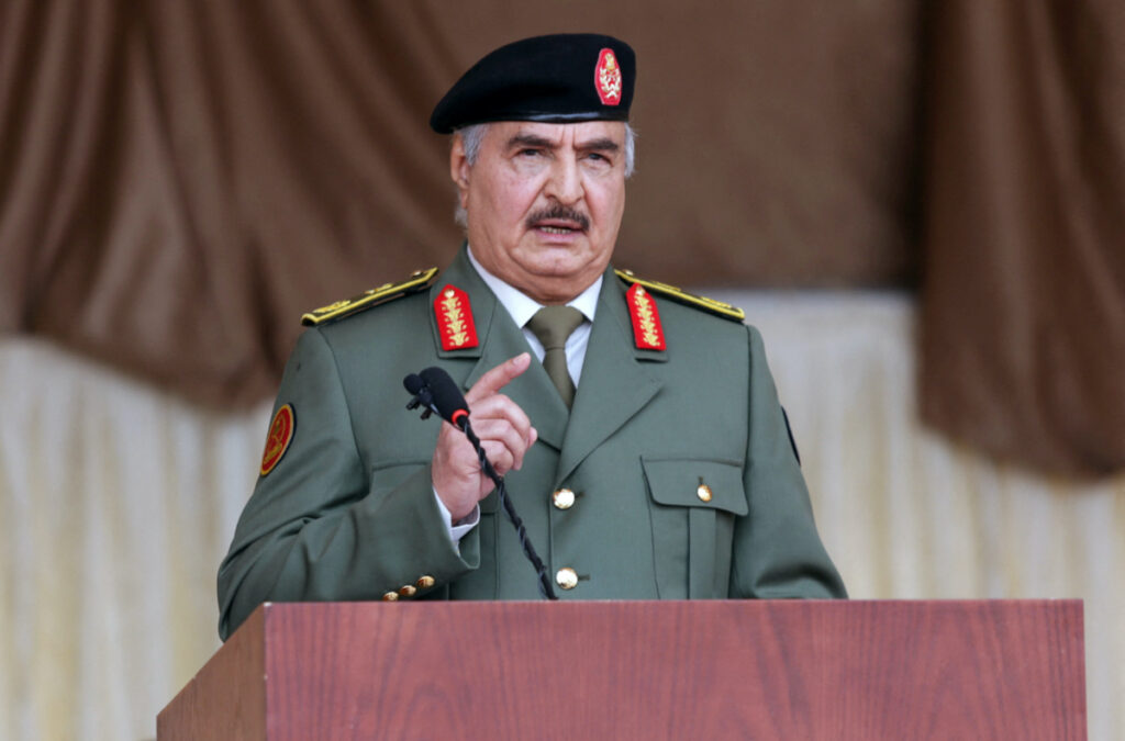 Libyan military commander Khalifa Haftar gestures as he speaks during Independence Day celebrations in Benghazi, Libya, on 24th December, 2020.