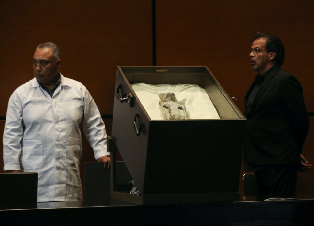 Remains of an allegedly 'non-human' being is seen on display during a briefing on unidentified flying objects, known as UFOs, at the San Lazaro legislative palace, in Mexico City, Mexico on 12th September, 2023.