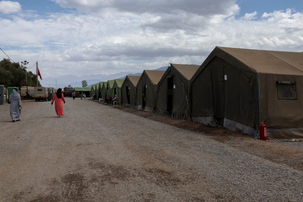 An exterior view of a military aid camp for the people who were displaced following the deadly earthquake in Amizmiz, Morocco on 17th September, 2023