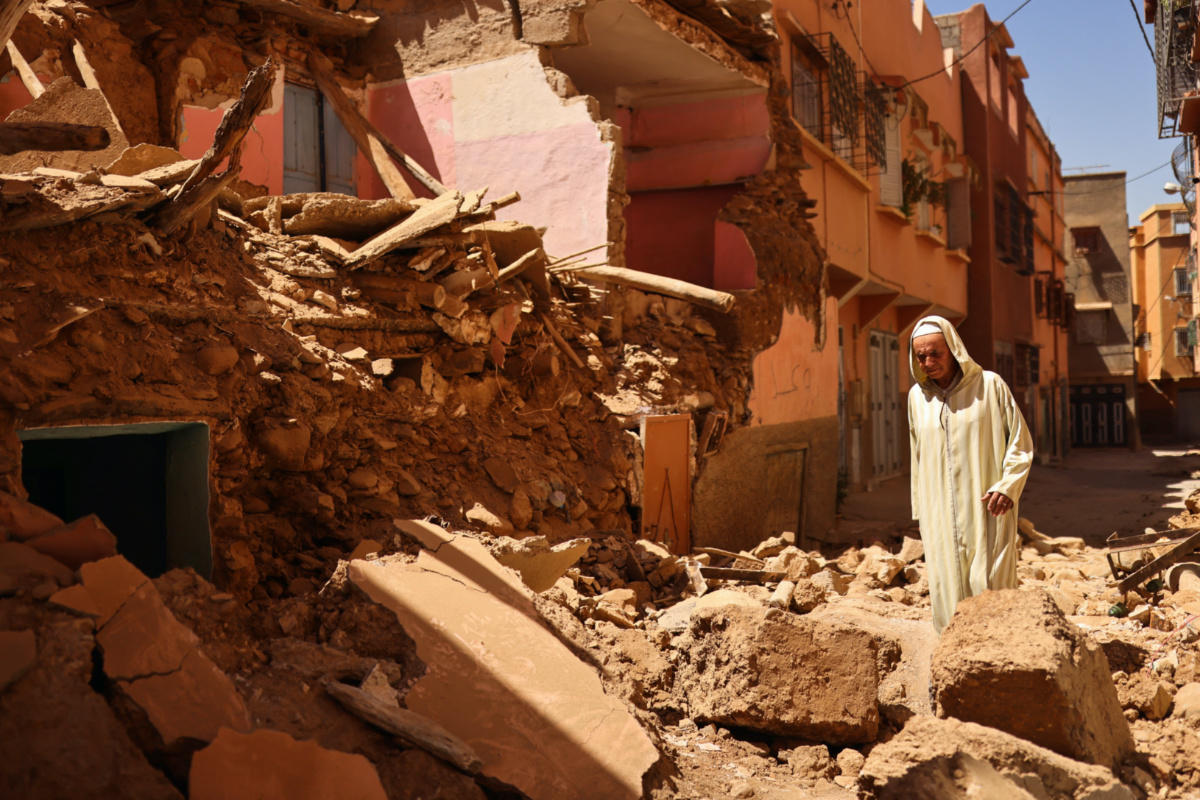 Mohamed Sebbagh, 66, stands in front of his destroyed house, in the aftermath of a deadly earthquake, in Amizmiz, Morocco, on 10th September, 2023.
