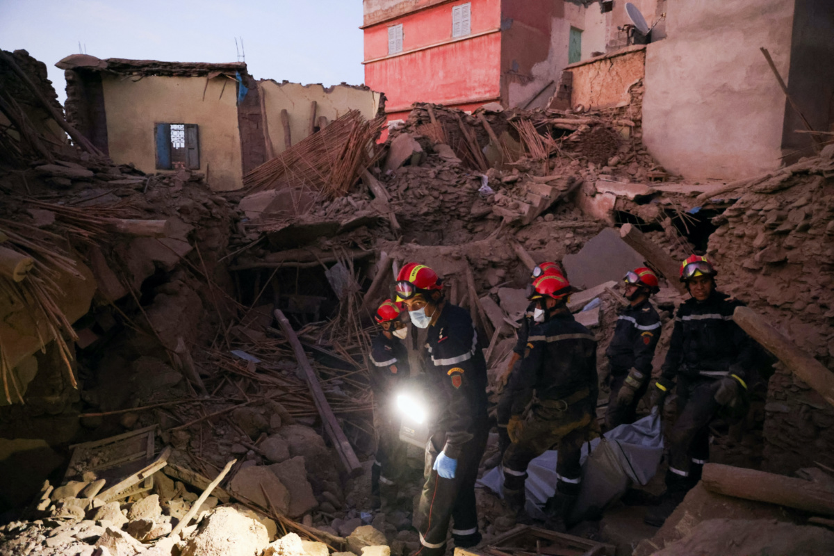 Emergency workers carry a dead body, in the aftermath of a deadly earthquake, in Amizmiz, Morocco, on 10th September, 2023