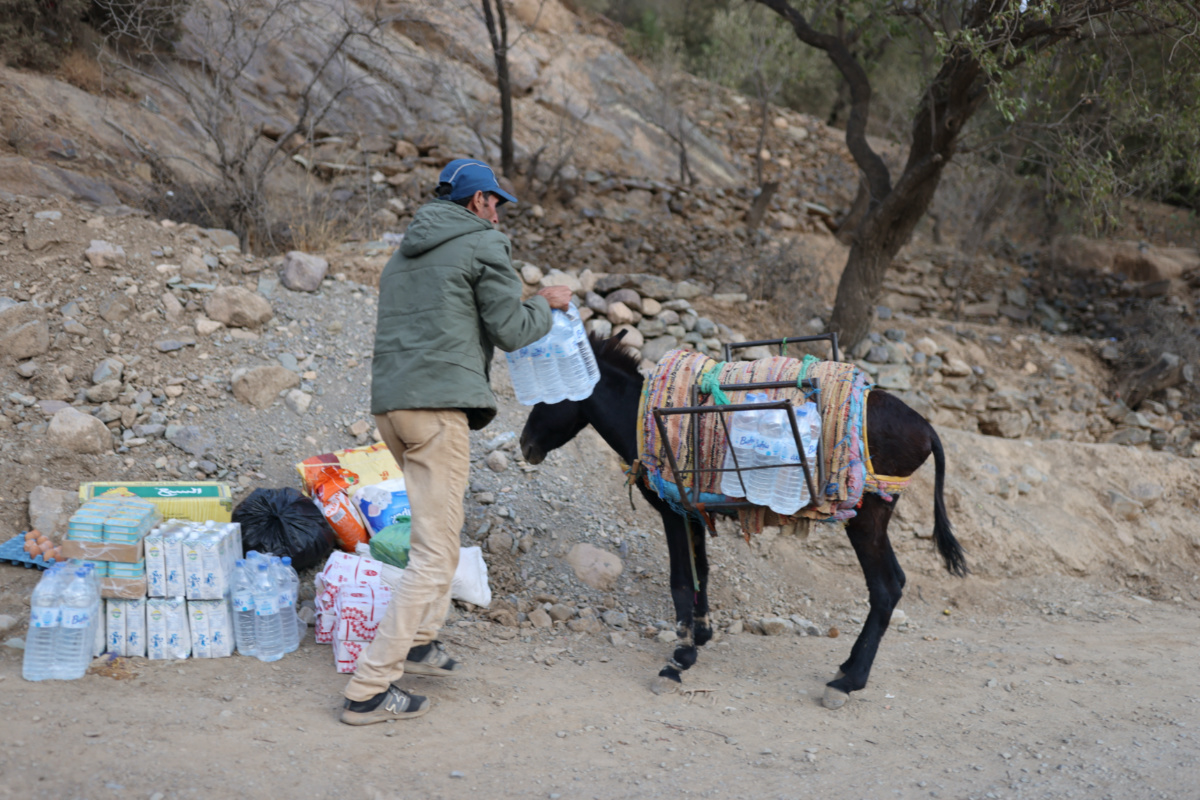A man packs bottles of water on his donkey after receiving donations, in the aftermath of a deadly earthquake, near Talat N'Yaaqoub, in Morocco, on 12th September, 2023.