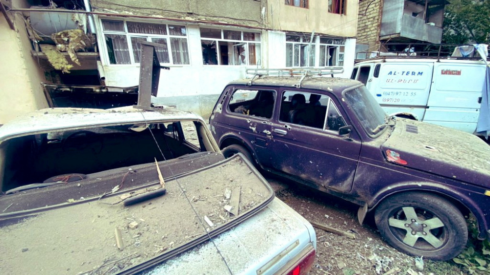 A view shows a damaged residential building and cars following the launch of a military operation by Azerbaijani armed forces in the city of Stepanakert in Nagorno-Karabakh, a region inhabited by ethnic Armenians, on 19th September, 2023