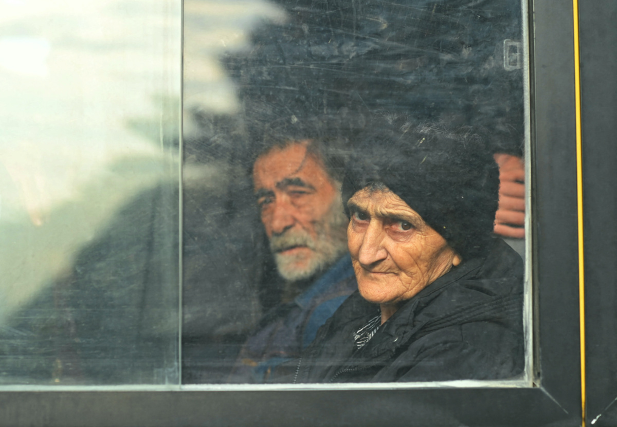Residents sit inside a bus in central Stepanakert before leaving Nagorno-Karabakh, a region inhabited by ethnic Armenians, on 25th September, 2023