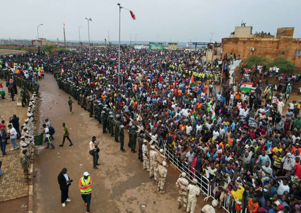 Thousands of Nigeriens gather in front of the French army headquarter, in support of the putschist soldiers and to demand the French army to leave, in Niamey, Niger, on 2nd September, 2023.