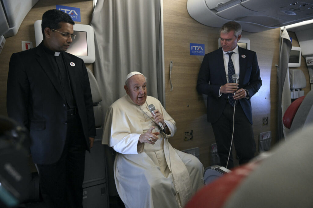 Pope Francis holds a news conference aboard the papal plane on his flight back after visiting Mongolia, on 4th September, 2023