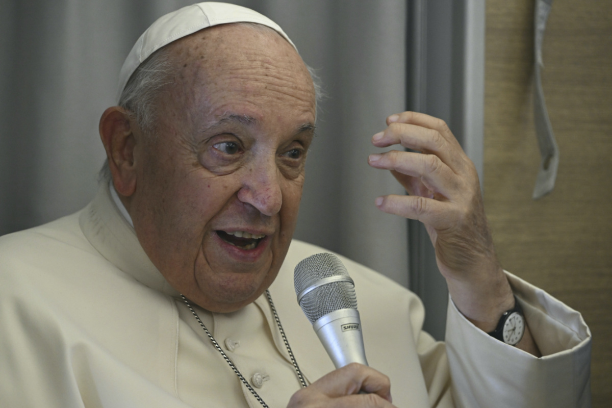 Pope Francis talks to reporters during the return flight from Ulaanbaatar, Mongolia, Monday, 4th September, 2023,