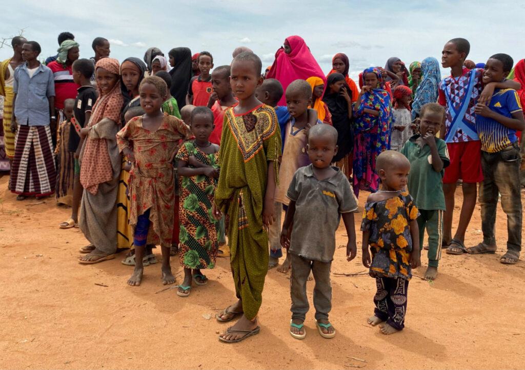 Internally displaced Somali children gather outside their makeshift shelters at the Ladan camp for internally displaced people in Dollow, Somalia, on 1st May, 2023.