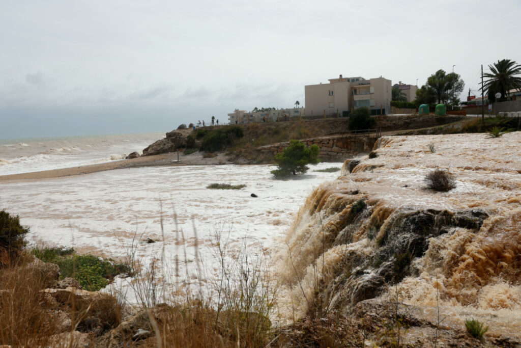 Water fills the ravines in torrents on the way to the sea on the Mediterranean coast due to heavy storms in Alcanar, southern Catalonia, Spain, on 3rd September, 2023