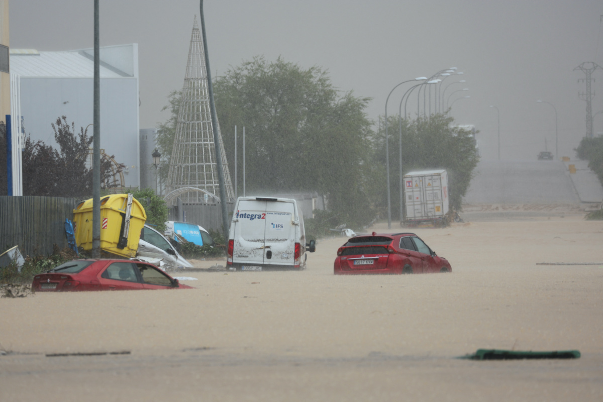 Cars are stranded on a flooded road, following heavy rain in Toledo, Spain, on 4th September, 2023
