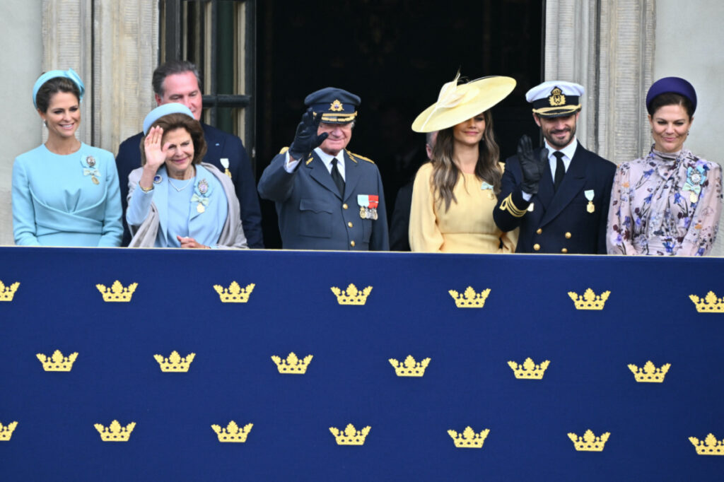 Princess Madeleine, Chris O'Neill, Prince Daniel, Sweden's Queen Silvia, Sweden's King Carl Gustaf, Prince Carl Philip, Prince Daniel and Crown Princess Victoria watch from the balcony during the changing of the guard in the outer courtyard of Stockholm Palace on the occasion of King Carl XVI Gustaf's 50th anniversary on the throne, in Stockholm, Sweden, 15th September, 2023