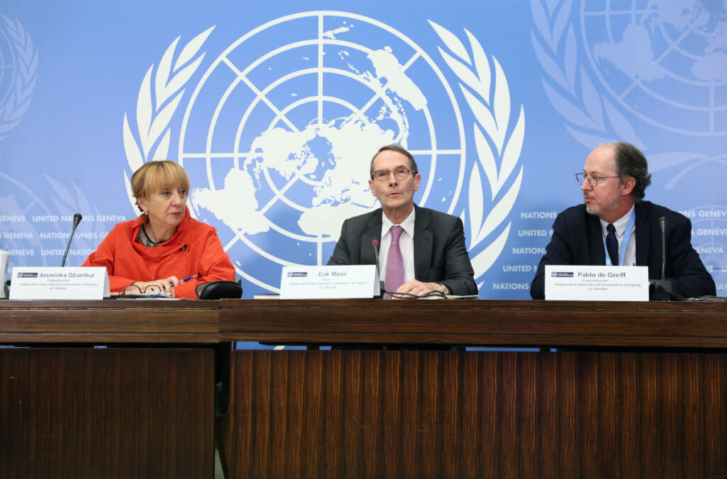 Jasminka Dzumhur, Erik Mose and Pablo de Greiff, members of the Independent International Commission of Inquiry on Ukraine, attend a news conference at the United Nations in Geneva, Switzerland, on 23rd September, 2022