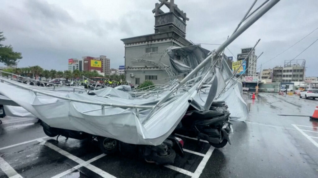 A collapsed canopy is seen at a parking lot as Typhoon Haikui approaches, in Hualien, Taiwan, on 3rd September, 2023, in this screengrab taken from a video provided by CTI.