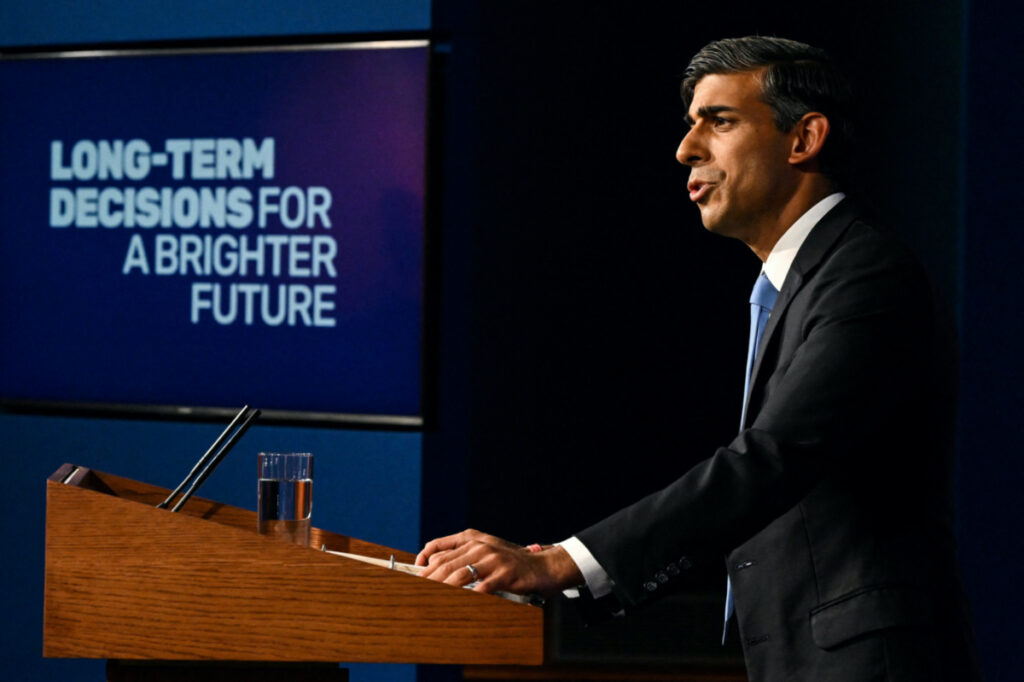 Britain's Prime Minister Rishi Sunak delivers a speech during a press conference on the net zero target, at the Downing Street Briefing Room, in central London, on 20th September, 2023.