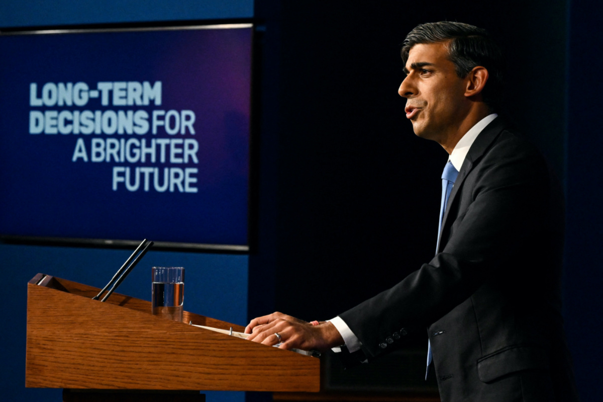 Britain's Prime Minister Rishi Sunak delivers a speech during a press conference on the net zero target, at the Downing Street Briefing Room, in central London, on 20th September, 2023. 