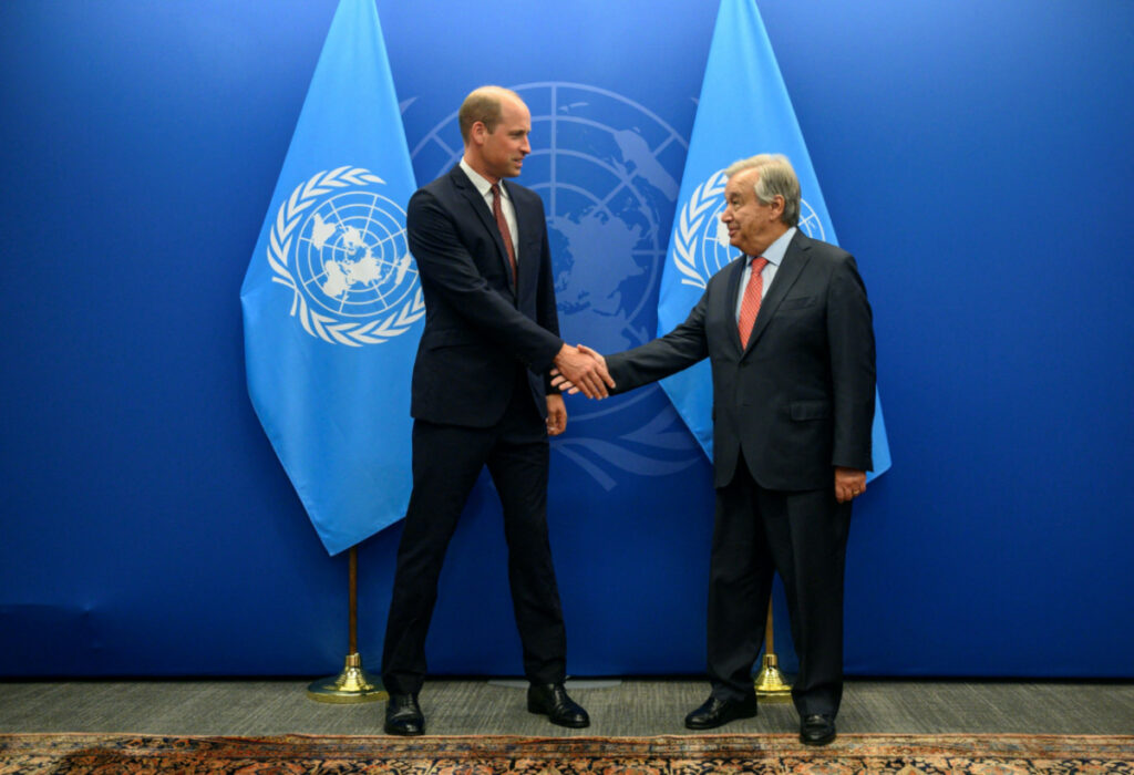 Britain's Prince William, Prince of Wales, shakes hands with United Nations Secretary General Antonio Guterres during a meeting at United Nations headquarters in New York City on 18th September, 2023