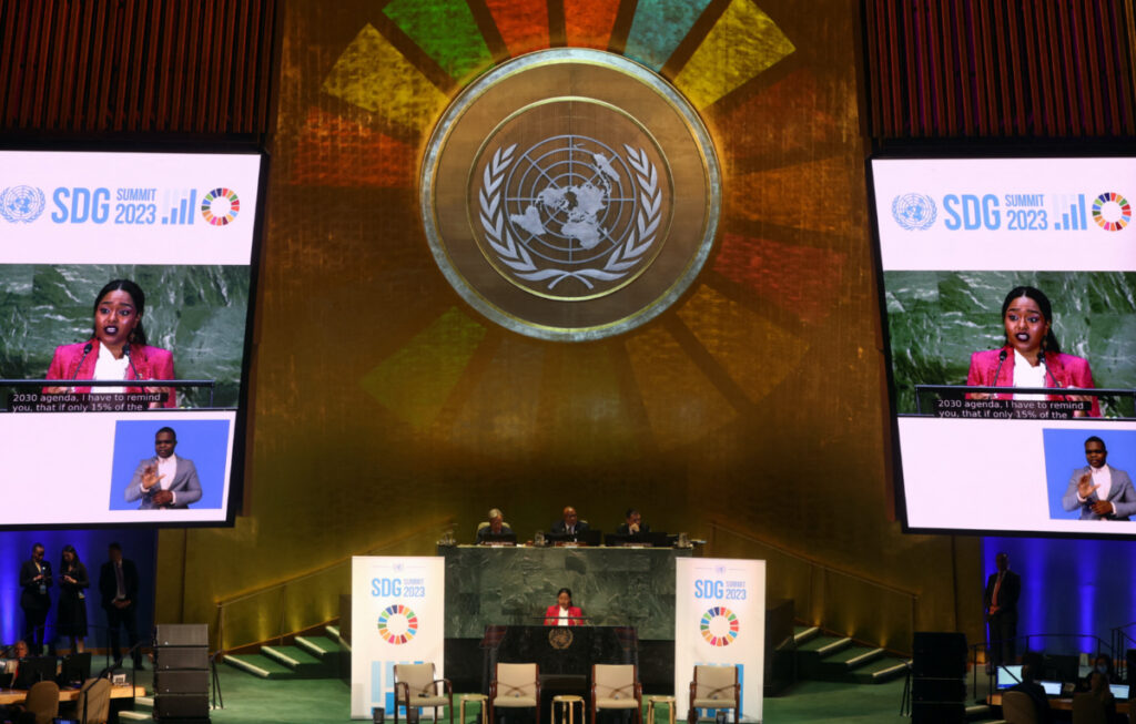 Youth representative Ayakha Melithafa speaks during the opening of the Sustainable Development Goals Summit 2023, at UN headquarters in New York City, New York, US, on 18th September, 2023.