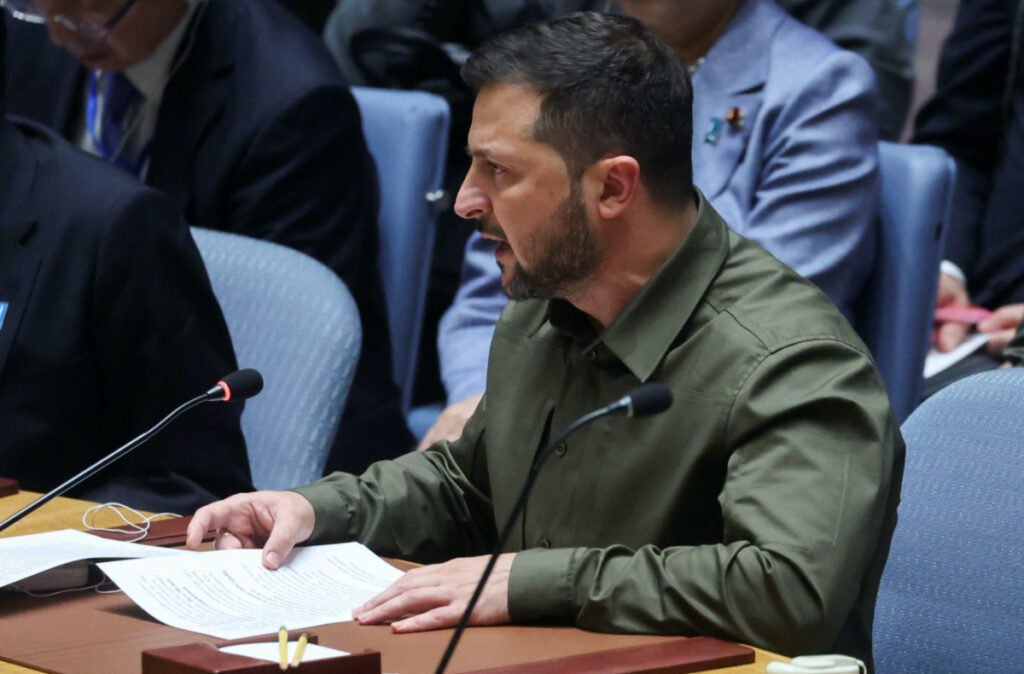 Ukraine's President Volodymyr Zelenskiy addresses the United Nations Security Council during a ministerial level meeting of the Security Council on the crisis in Ukraine at U.N. headquarters in New York, on 20th September, 2023.