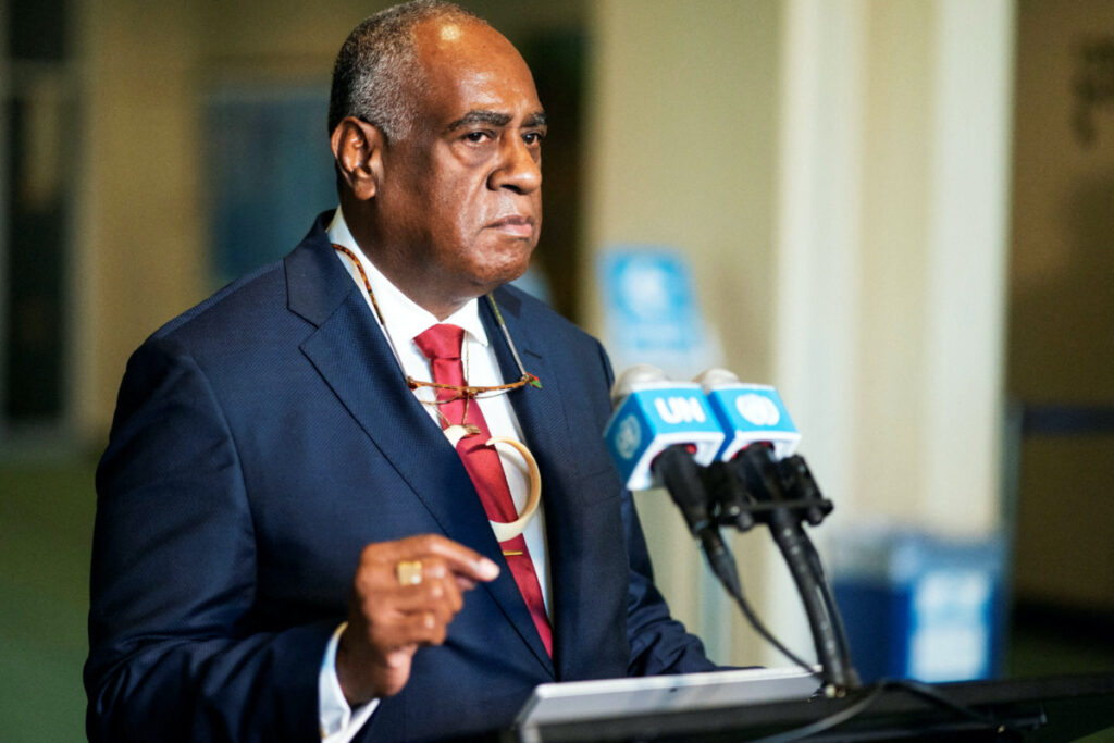Vanuatu Prime Minister Ishmael Kalsakau speaks during a UN General Assembly session at United Nations headquarters in New York Cityk City, US, on 29th March, 2023