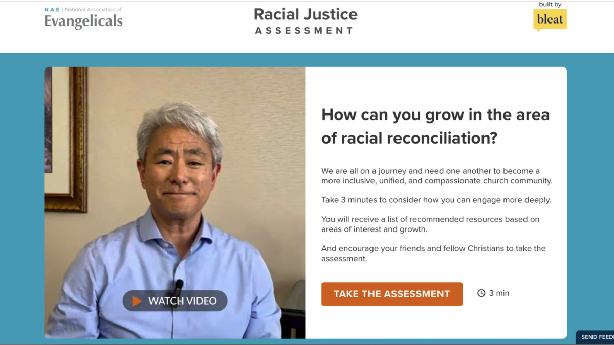The National Association of Evangelicals is unveiling a new racial justice assessment tool online. President Walter Kim, left, provides a video introduction