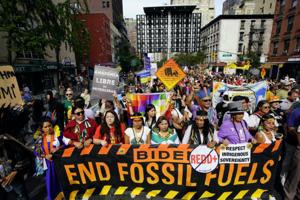 Activists mark the start of Climate Week in New York during a demonstration calling for the US Government to take action on climate change and reject the use of fossil fuels in New York City, New York, US, on 17th September, 2023