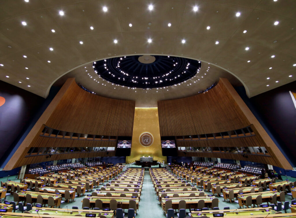 The UN General Assembly Hall is empty before the start of the SDG Moment event as part of the UN General Assembly 76th session General Debate at United Nations Headquarters, in New York, US, on 20th September, 2021