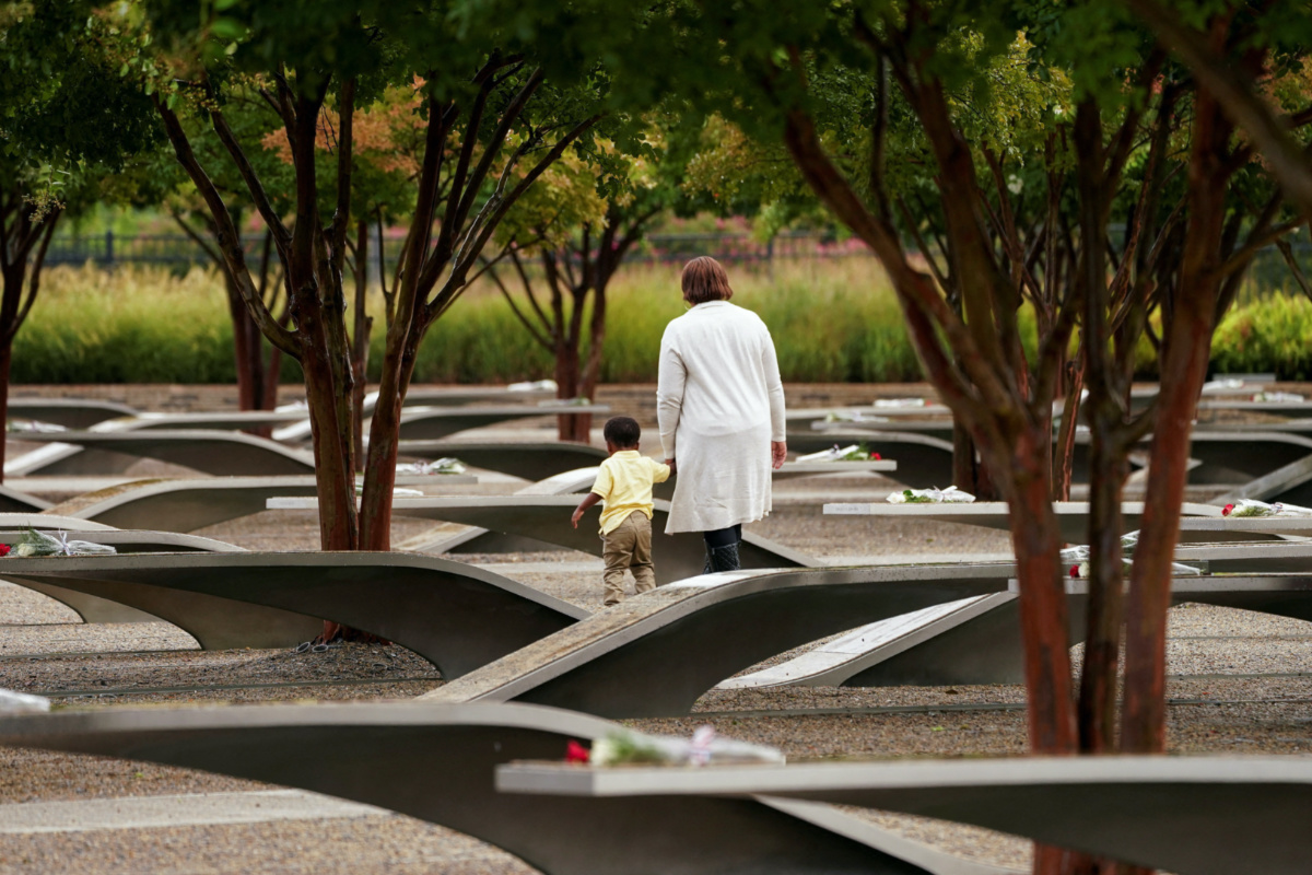 Family members of a victim visit the Pentagon Memorial on the 22nd anniversary of September 11, 2001 attacks, in Washington, US, 11th September, 2023.