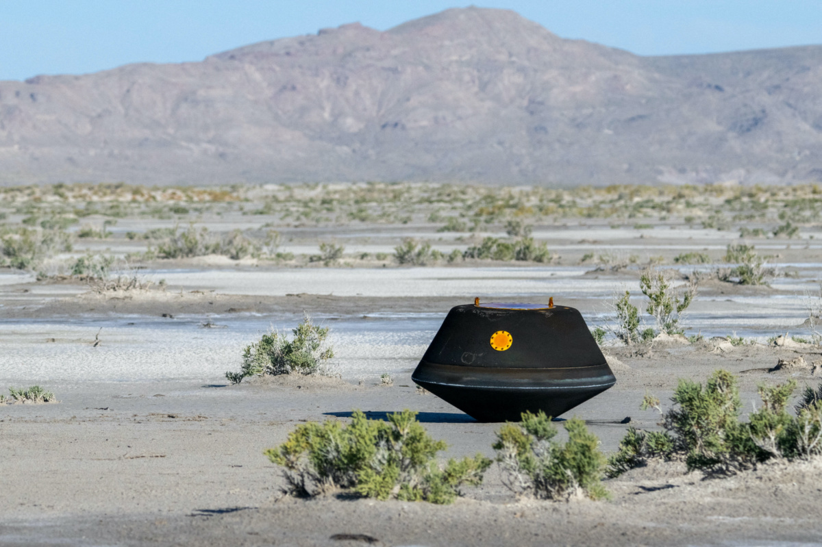 The return capsule containing a sample collected from the asteroid Bennu in October 2020 by NASA’s OSIRIS-REx spacecraft is seen shortly after touching down in the desert at the Department of Defense's Utah Test and Training Range in Dugway, Utah, US, on 24th September, 2023.