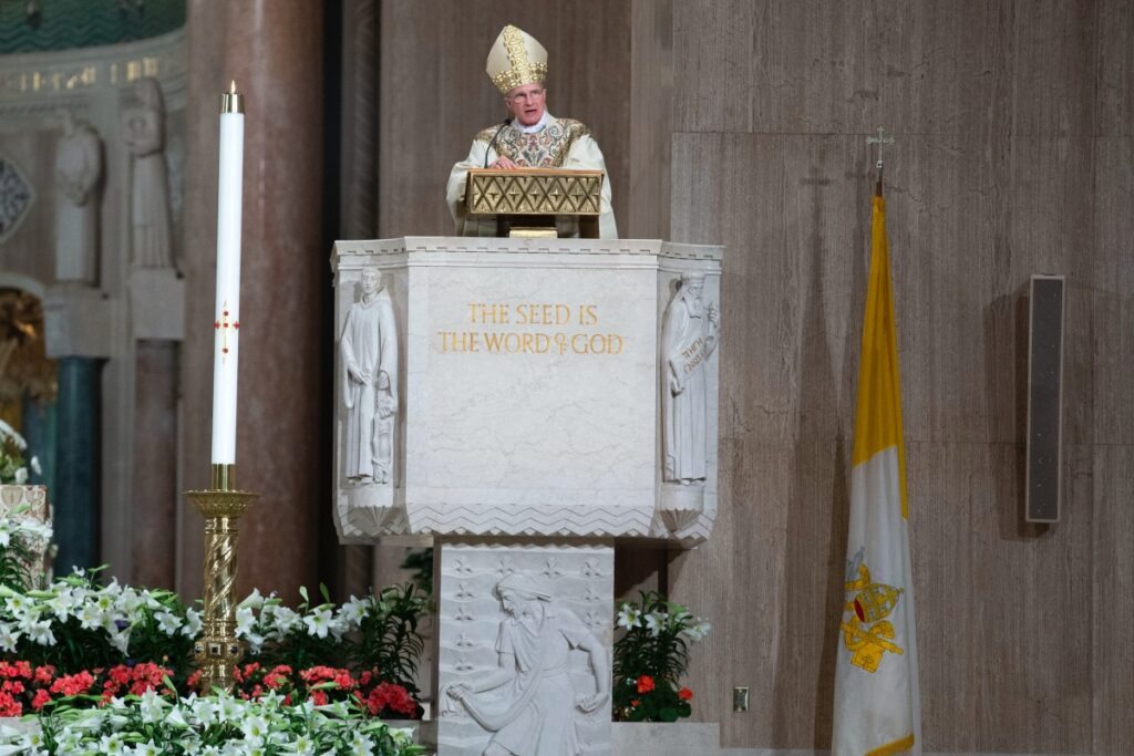 Archbishop Timothy Broglio conducts an Easter Sunday Mass in an empty sanctuary at Basilica of the National Shrine of the Immaculate Conception in Washington, on Sunday, 12th April, 2020