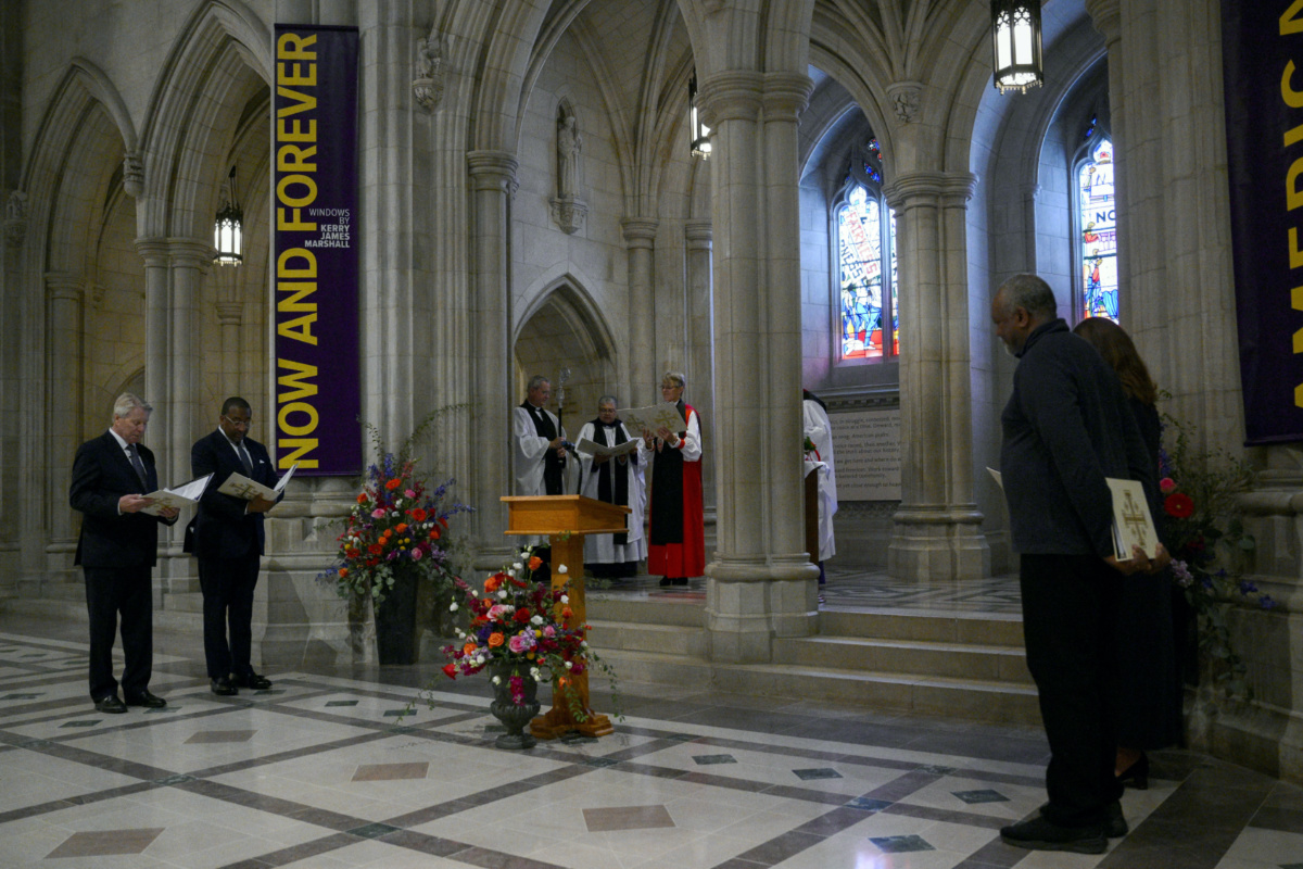 Bishop Mariann Edgar Budde, in red, speaks at an unveiling and dedication ceremony of new transformative racial-justice-themed stained glass at the Washington National Cathedral, on Saturday, 23rd September, 2023, in Washington.