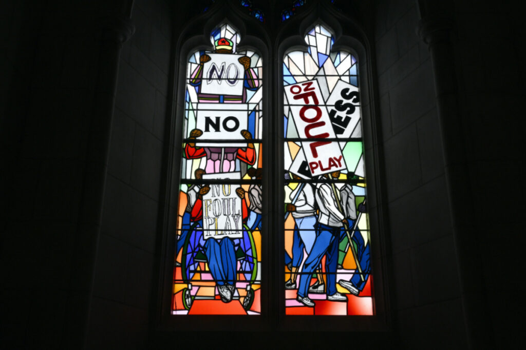 Light shines through new stained-glass windows with a theme of racial justice during an unveiling and dedication ceremony at the Washington National Cathedral for the windows on Saturday, 23rd September, 2023, in Washington