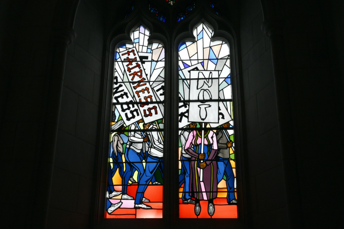 Light shines through new stained-glass windows with a theme of racial justice during an unveiling and dedication ceremony at the Washington National Cathedral for the windows on Saturday, on 23rd September, 2023, in Washington
